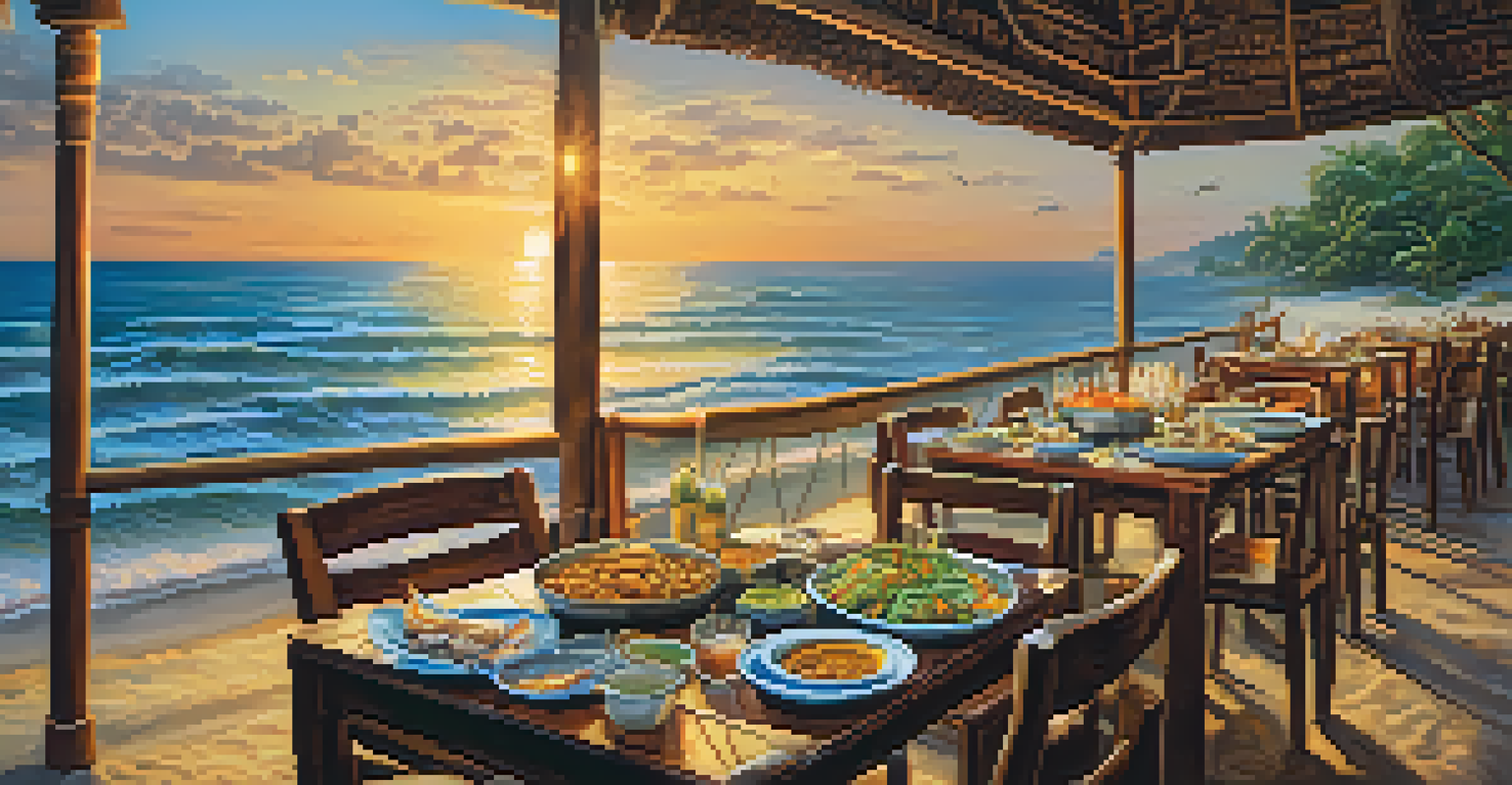 A beachside dining setup in Thailand with seafood dishes and a beautiful sunset view.
