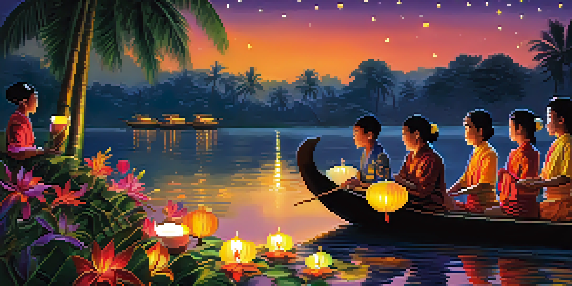 A colorful Loy Krathong festival scene in Thailand with floating lanterns on a river and participants in traditional attire.