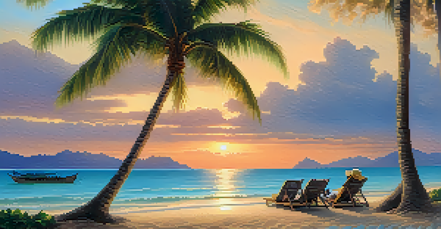 A peaceful sunset beach scene in Koh Samui, Thailand, with travelers enjoying the view and palm trees in the background.