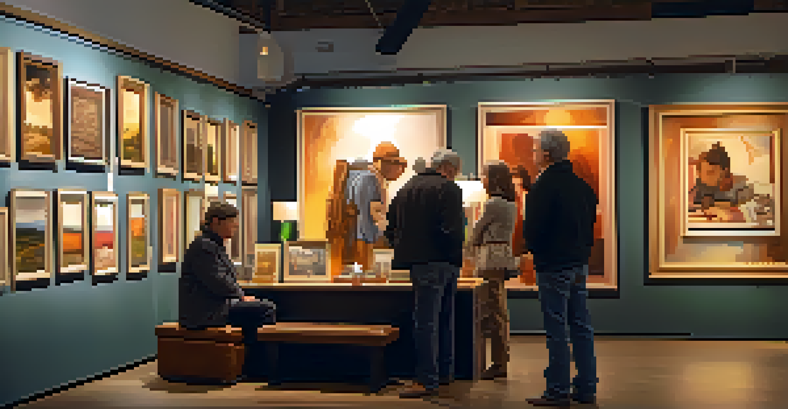 A collector conversing with an artist about a painting at an art fair, with a cozy booth in the background.
