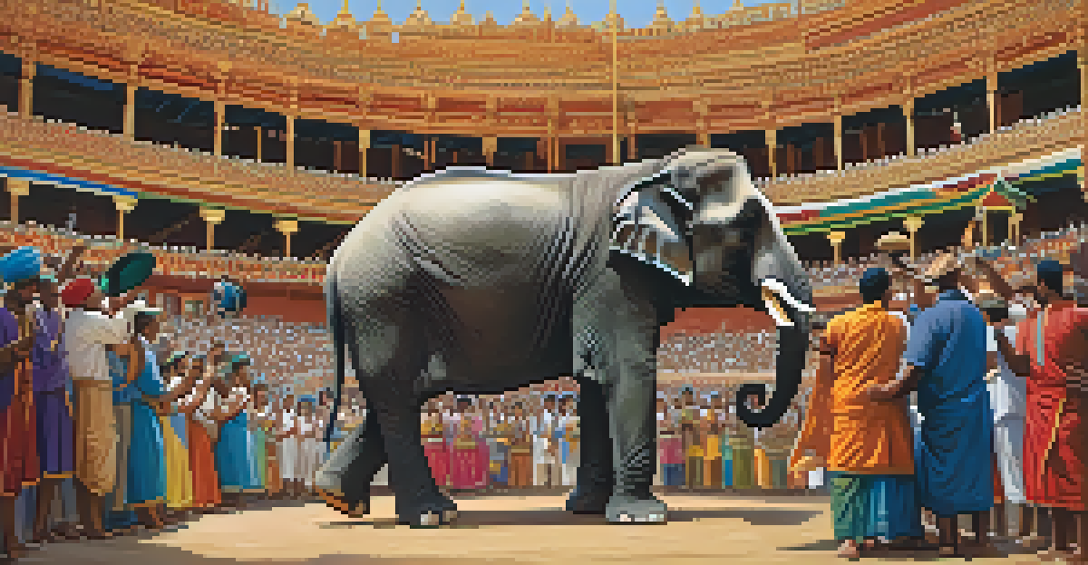 An elephant performing a trick at the festival, with its trainer and an engaged audience.