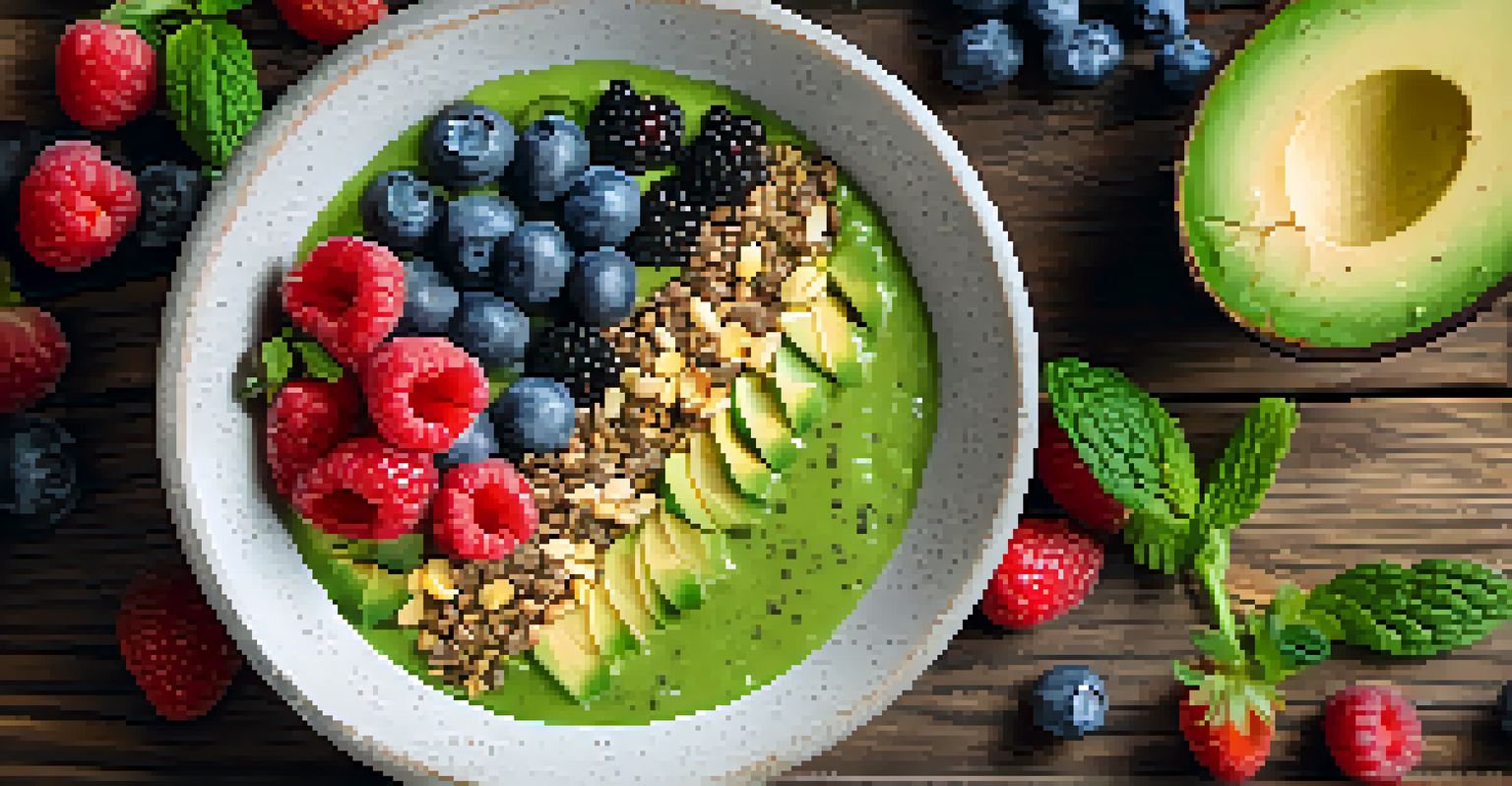 A close-up of a vibrant green smoothie bowl topped with chia seeds, avocado, and berries, set against a wooden table background.