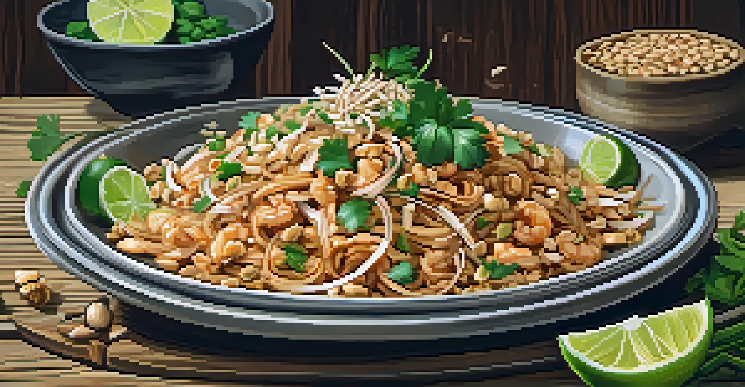 An artistic presentation of Pad Thai on a wooden table, garnished with lime and peanuts.
