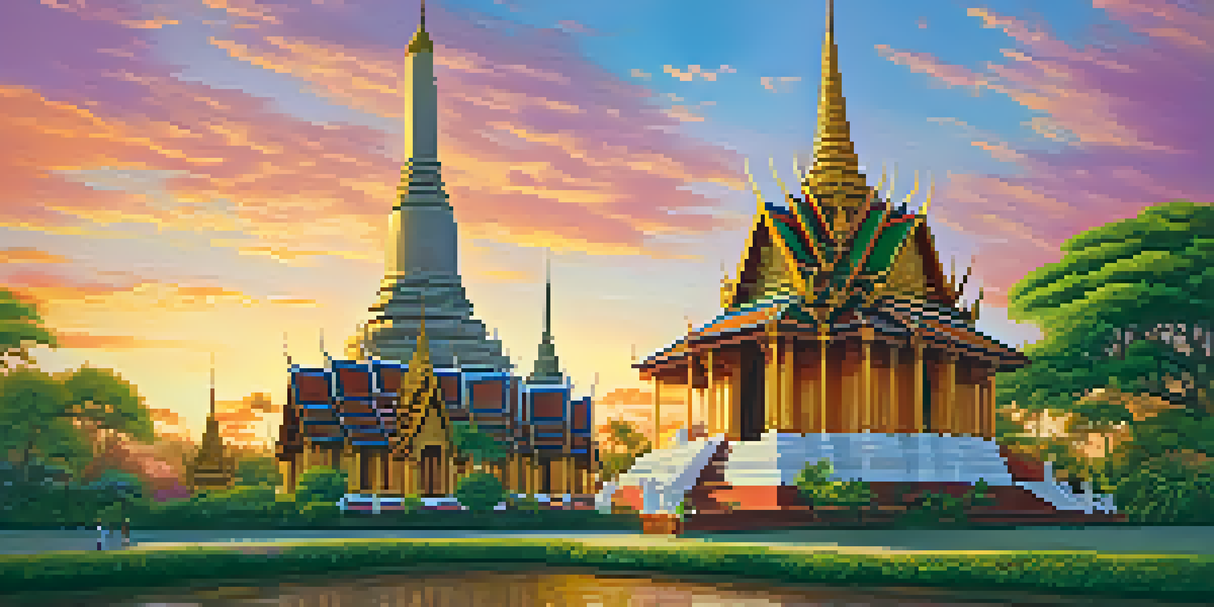 A picturesque view of the Wat Phra Kaew temple during sunset, with golden architecture and colorful murals surrounded by nature.