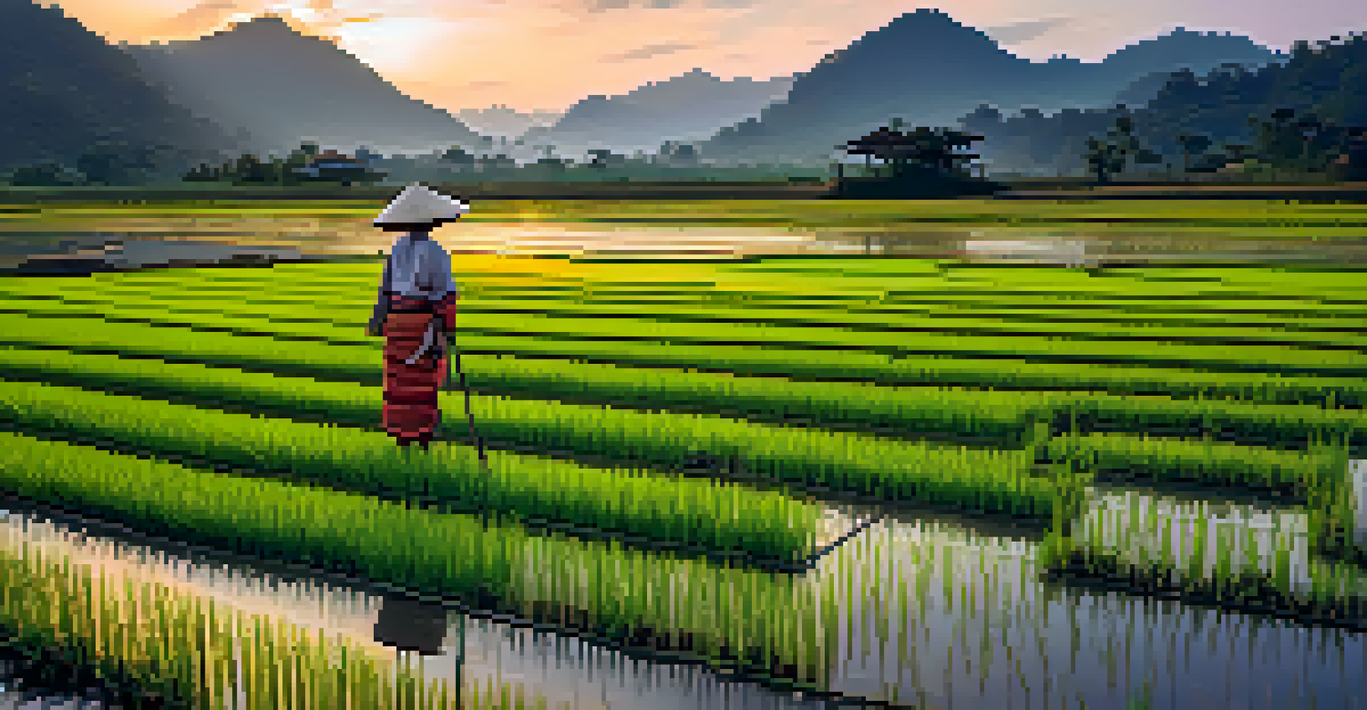 A farmer planting rice seedlings in a flooded rice terrace during sunset, with lush green plants and mountains in the background.