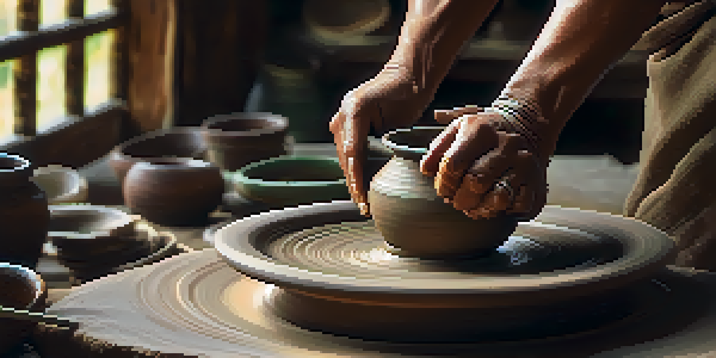 A potter shaping clay on a wheel, with close-up details of hands and pottery tools in a sunlit workspace.