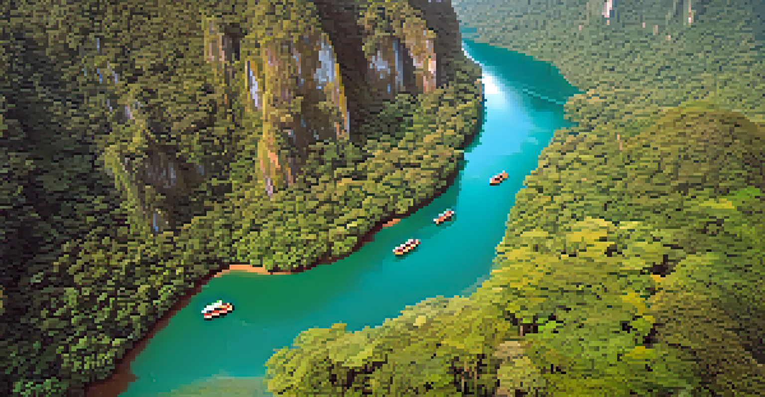 Aerial perspective of the Sok River in Khao Sok National Park, with rafts navigating through lush rainforest and towering cliffs.