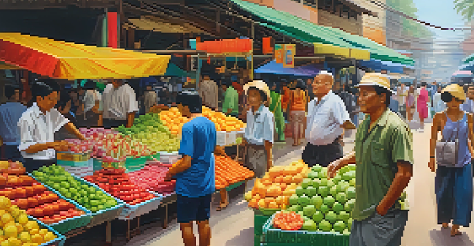 A vibrant Thai market filled with colorful stalls of fruits, street food, and crafts, bustling with shoppers and bright sunlight.