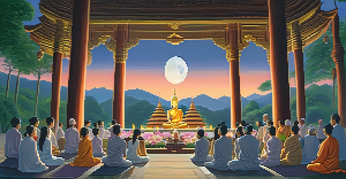 A group of Thai Buddhists in traditional attire meditating and chanting around an altar in a temple, illuminated by the full moon.