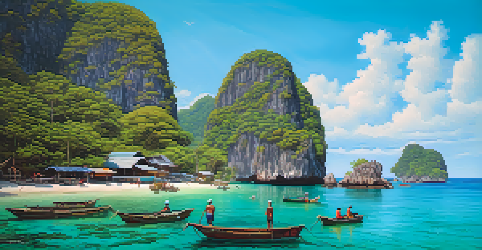 Fishermen using traditional fishing methods in a coastal marine protected area in Thailand, with coral reefs and clear turquoise water.
