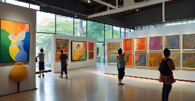 A lively art gallery in Thailand with colorful contemporary and traditional artworks, featuring visitors interacting with the pieces under natural light.