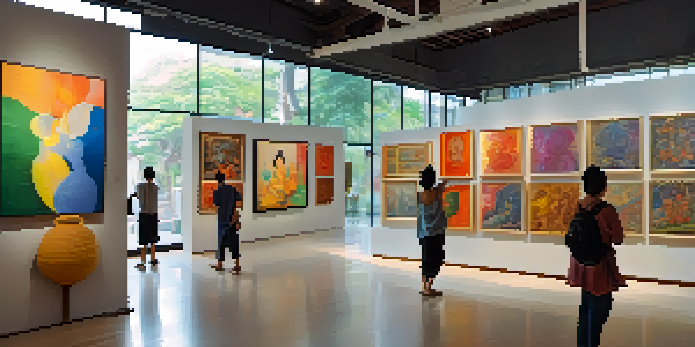A lively art gallery in Thailand with colorful contemporary and traditional artworks, featuring visitors interacting with the pieces under natural light.
