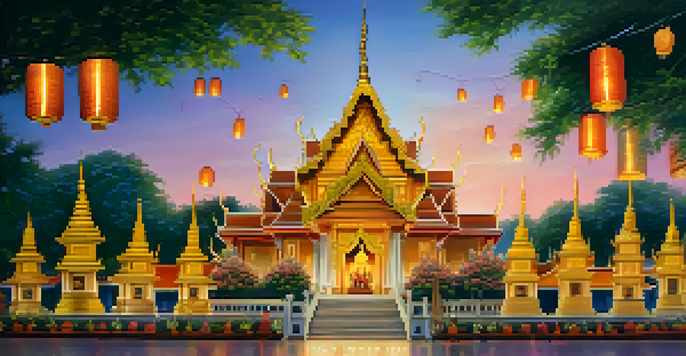 A peaceful view of a Thai temple decorated with lanterns, with people holding candles and flowers during a procession.