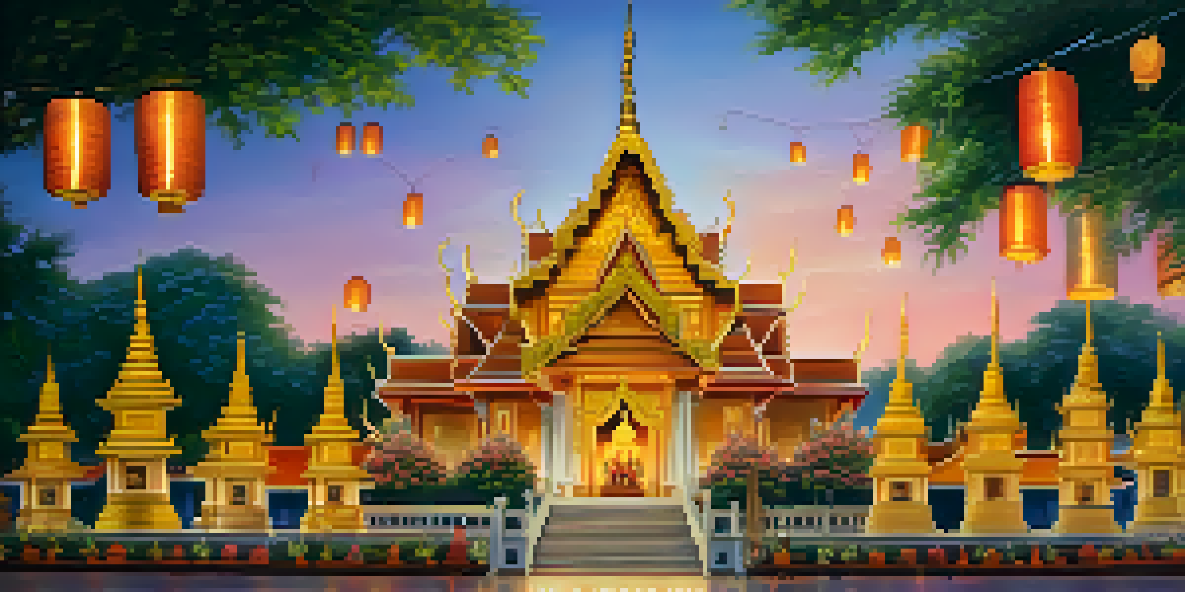 A peaceful view of a Thai temple decorated with lanterns, with people holding candles and flowers during a procession.