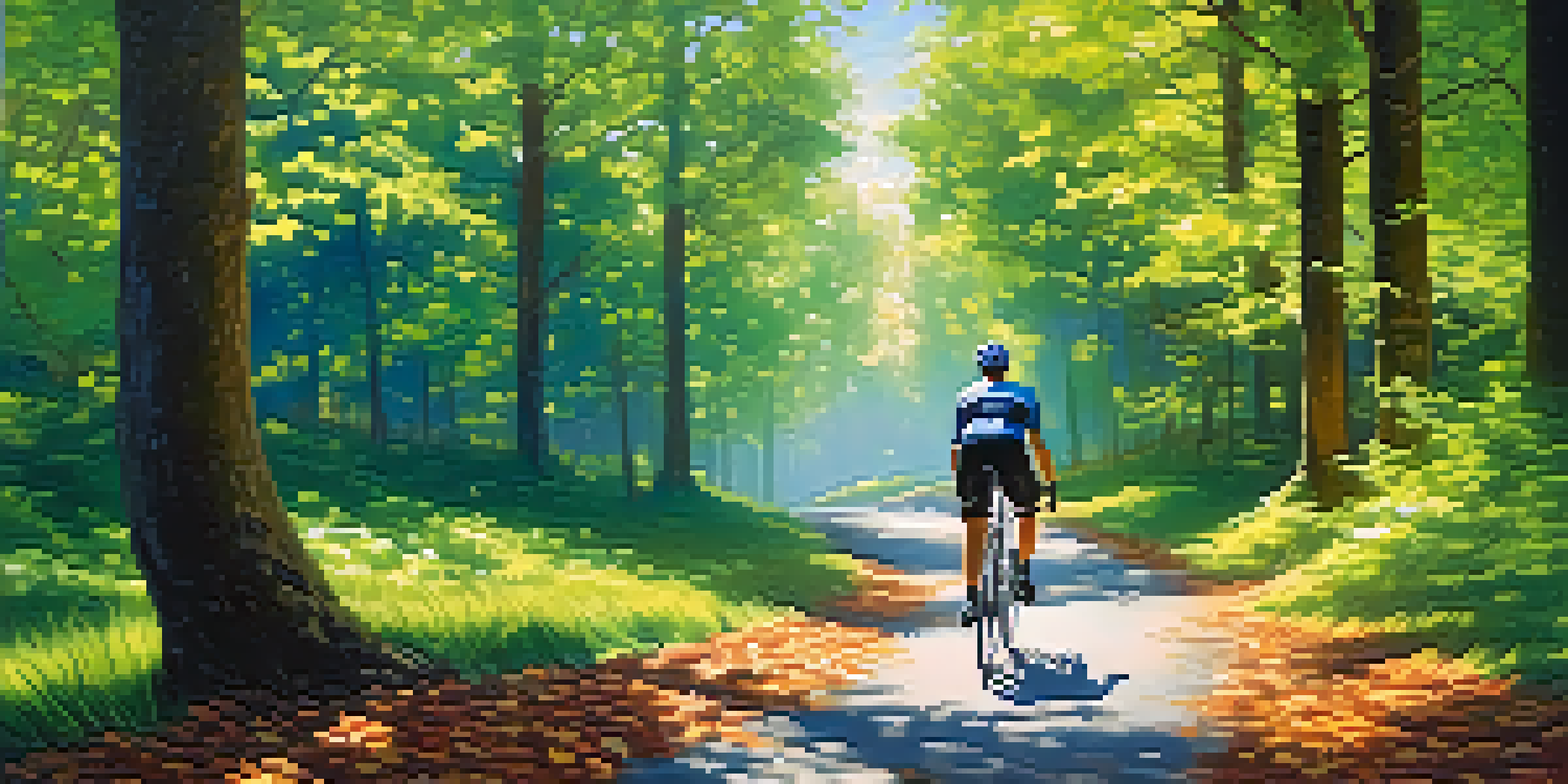 A cyclist riding through a lush green forest path with sunlight filtering through the trees.