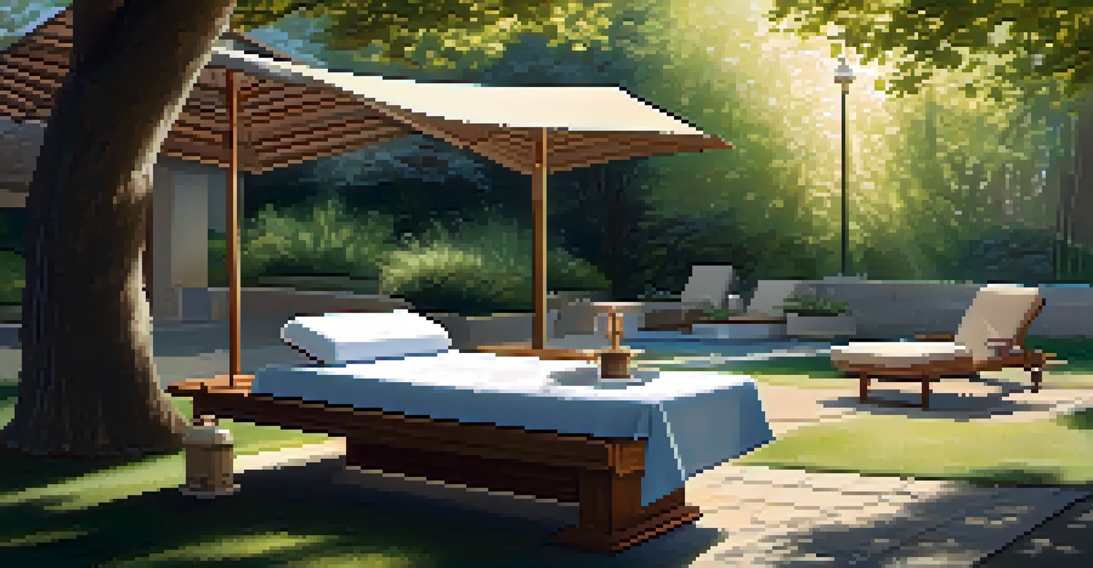 An outdoor spa area with a massage table under a tree, surrounded by nature and a small water fountain.
