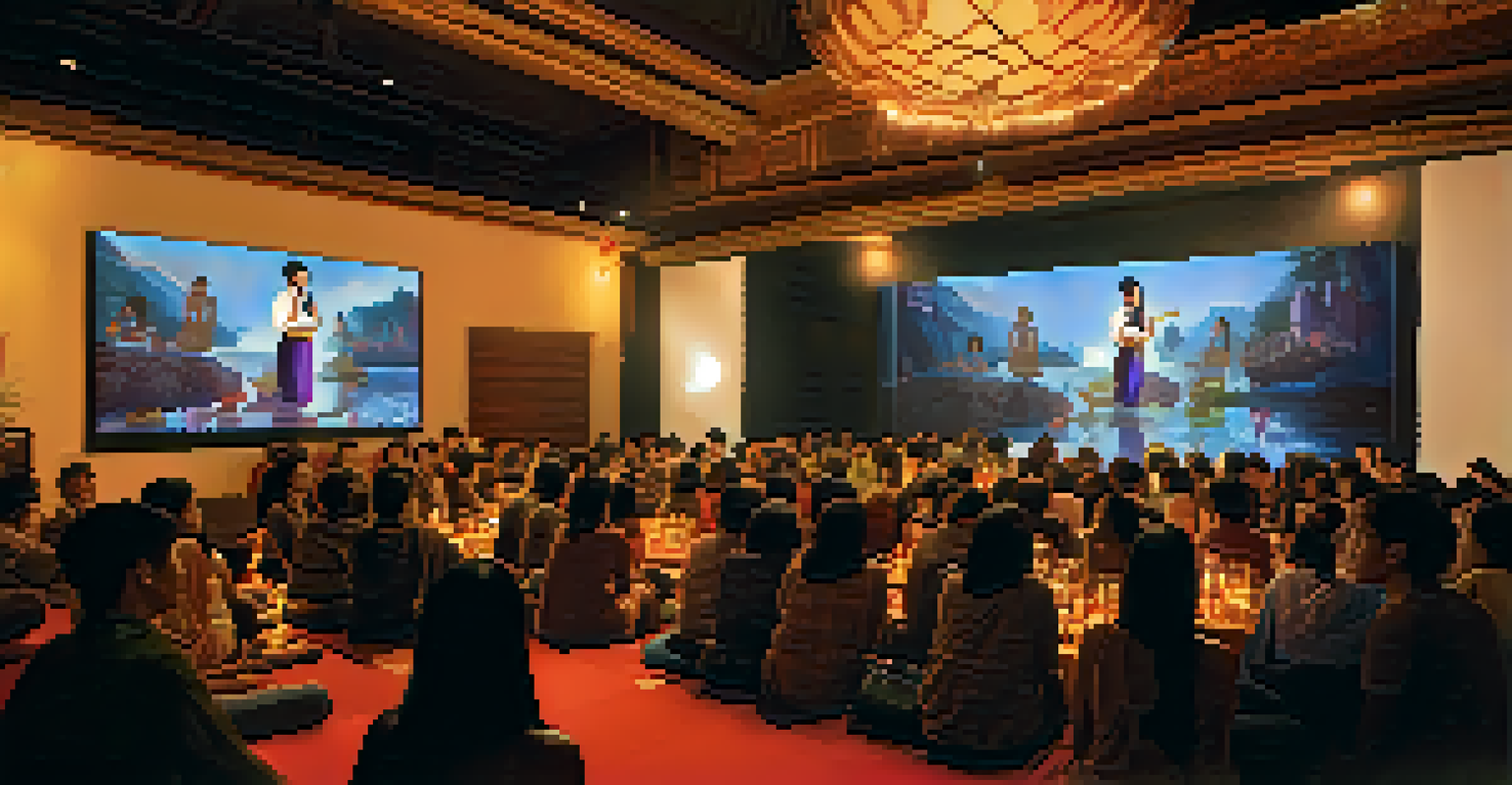 A filmmaker presenting her indie film at a Thai festival, surrounded by an engaged audience in a warmly lit room.