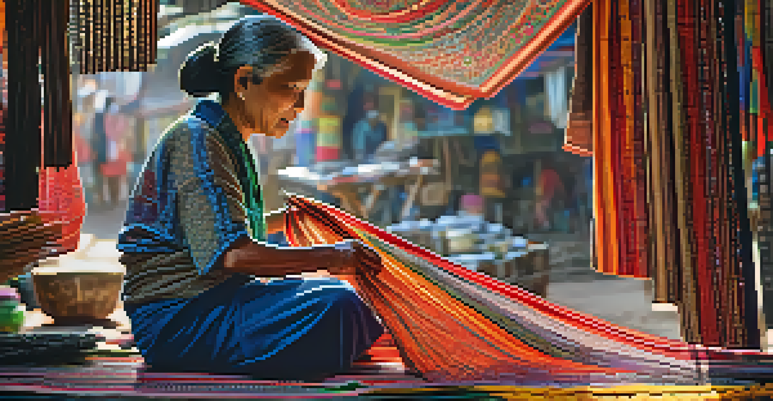 A close-up of a local artisan weaving textiles at a market in Northern Thailand, surrounded by colorful fabrics.