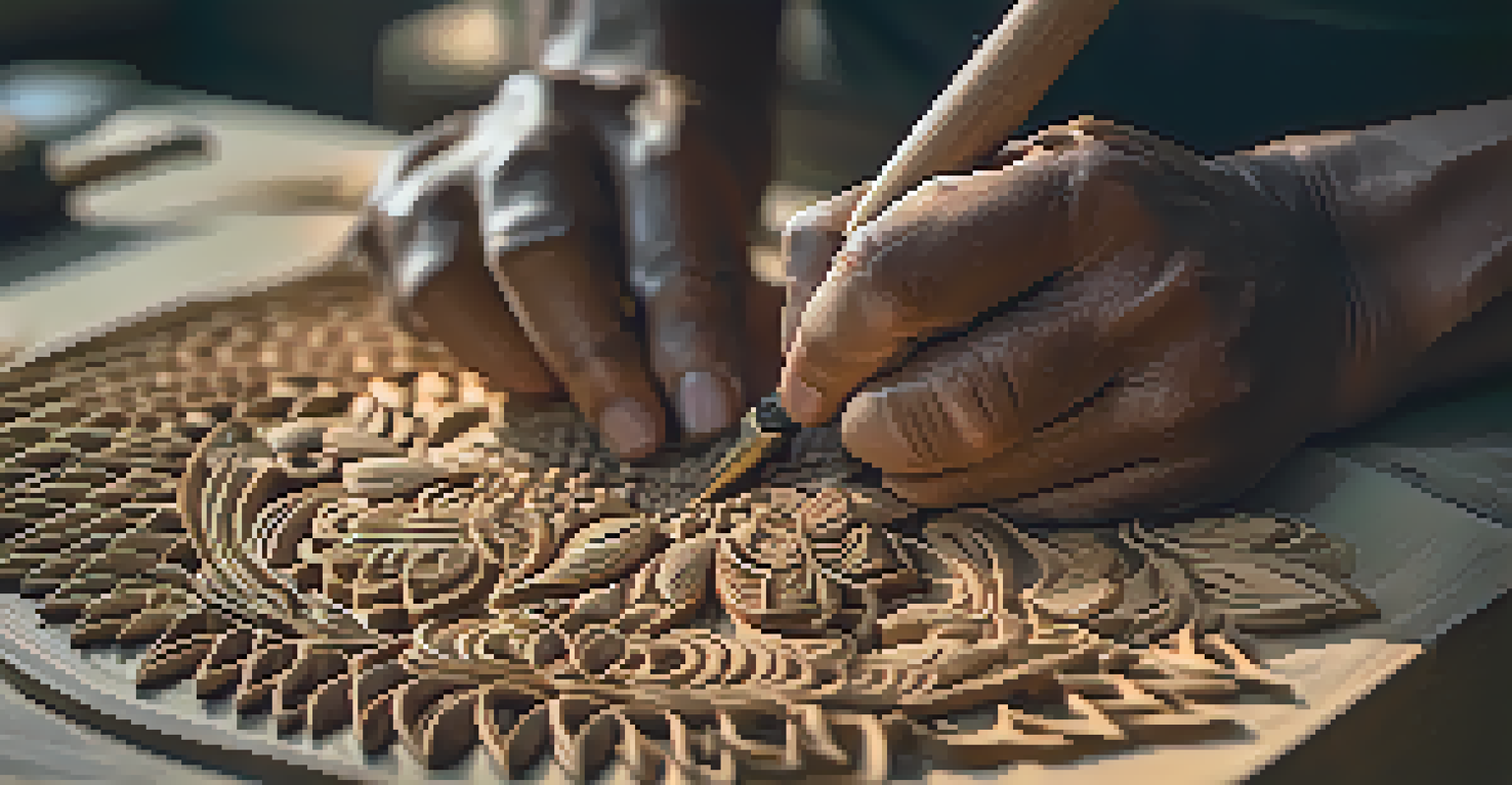 An artisan carving intricate designs into wood, showcasing mythical creatures with warm lighting highlighting the textures.