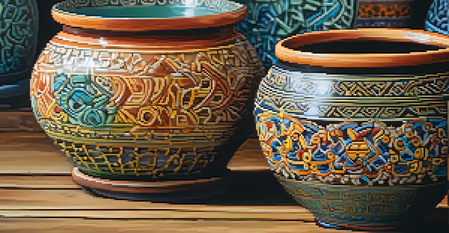 Close-up of colorful Thai pottery with intricate designs on a wooden table under natural light.