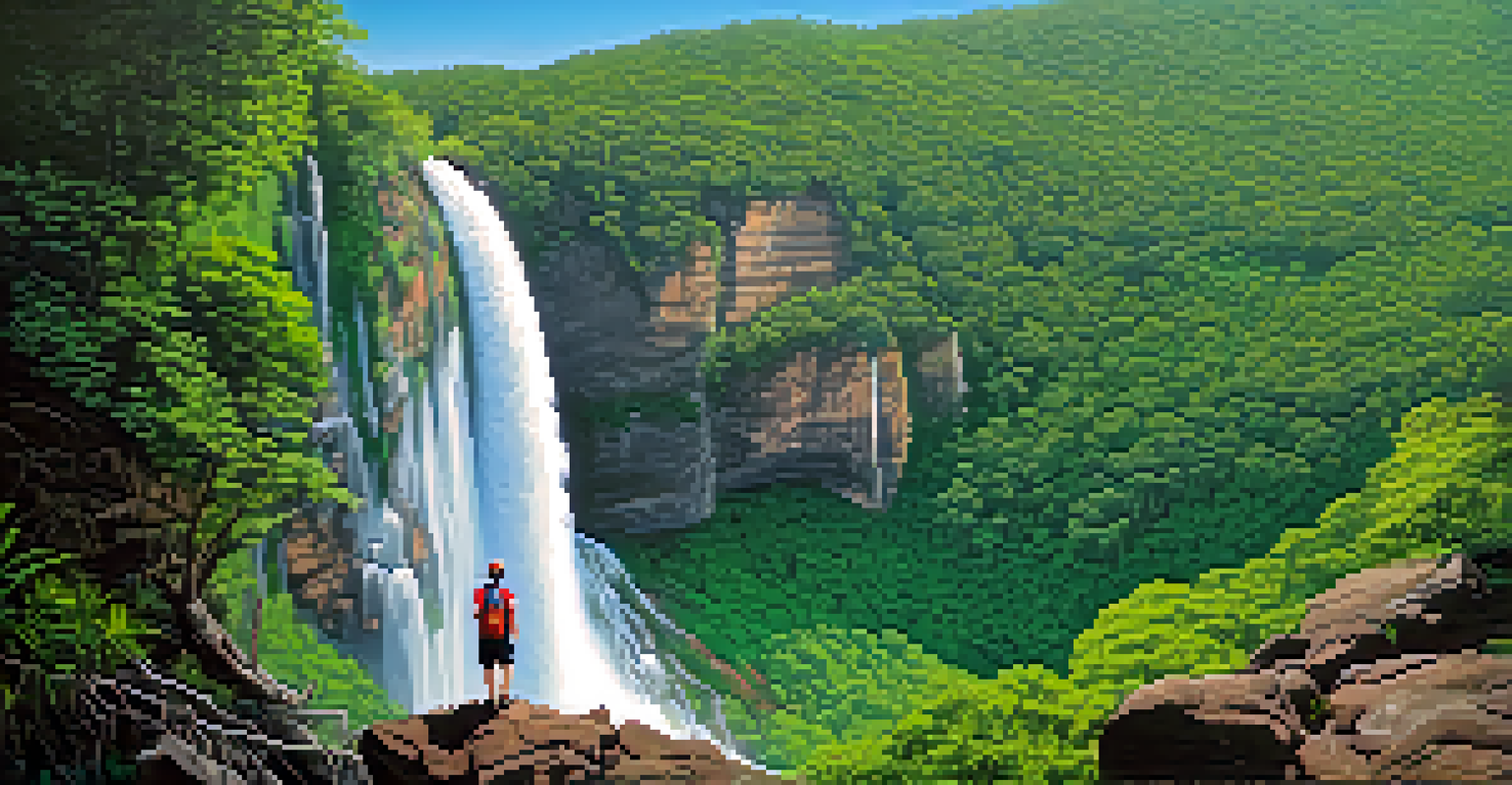 A hiker resting near Wachiratharn Waterfall in Doi Inthanon National Park, surrounded by lush greenery and blue sky.