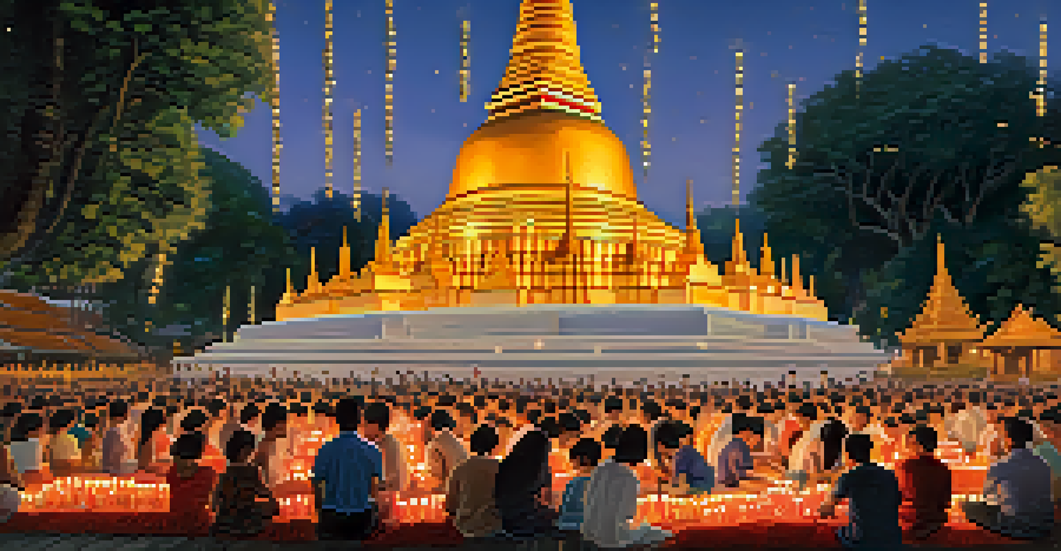 Visitors participating in rituals at Wat Saket during the Loy Krathong festival, with candles and the golden chedi in the background.