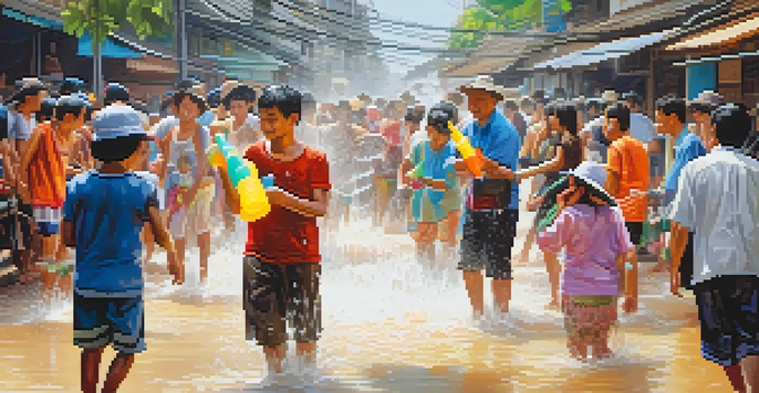 A lively scene depicting the Songkran festival in Thailand, where people are joyfully participating in water fights on a busy street, surrounded by colorful decorations and traditional architecture.