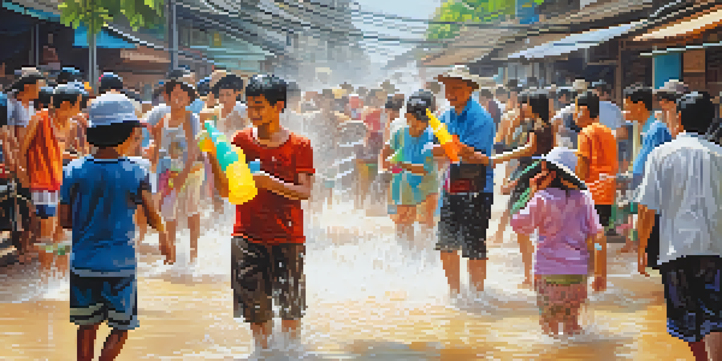 A lively scene depicting the Songkran festival in Thailand, where people are joyfully participating in water fights on a busy street, surrounded by colorful decorations and traditional architecture.