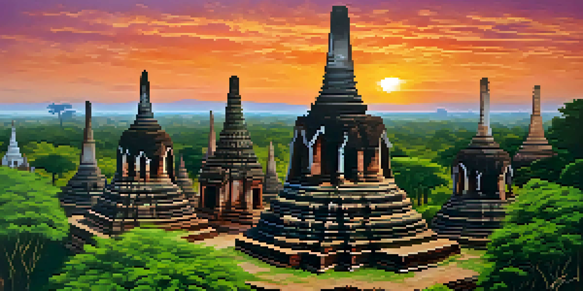 A panoramic view of the ancient ruins of Ayutthaya at sunset, with the silhouette of towering stupas and lush greenery.