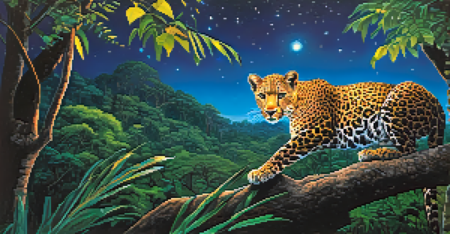 A night safari scene in Huai Kha Khaeng National Park with a leopard on a tree branch and a civet in the underbrush.