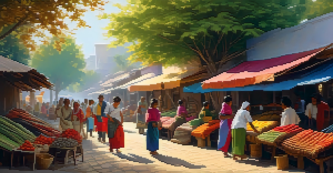 A lively street scene in a village, with artisans crafting textiles and colorful market stalls filled with fresh produce.
