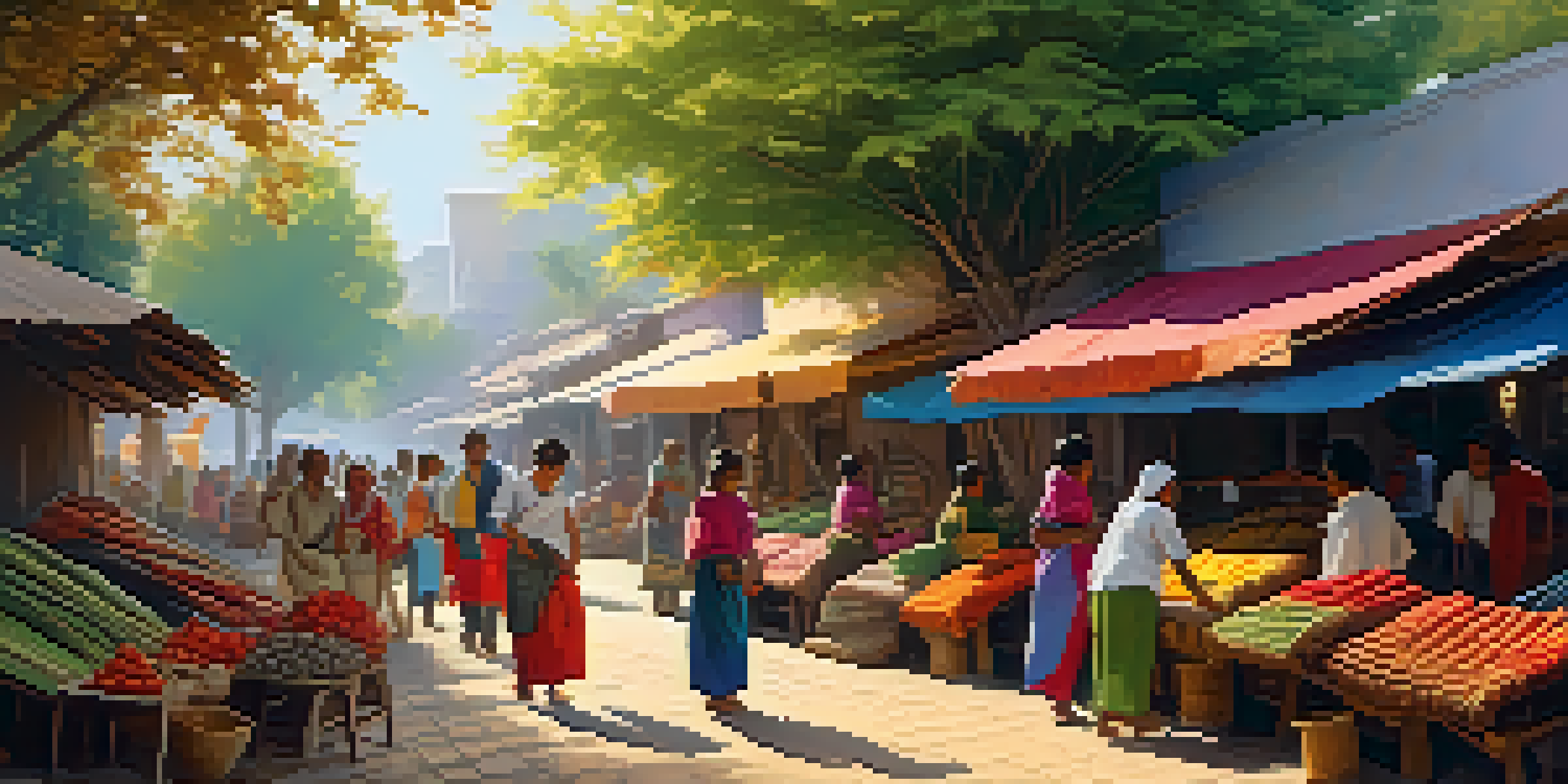A lively street scene in a village, with artisans crafting textiles and colorful market stalls filled with fresh produce.