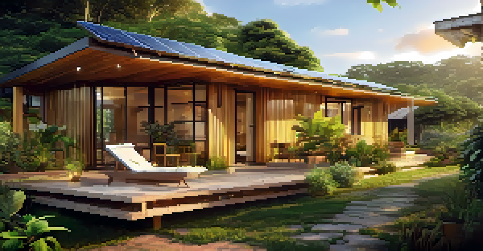 An eco-friendly accommodation surrounded by gardens and solar panels, set against a sunset.