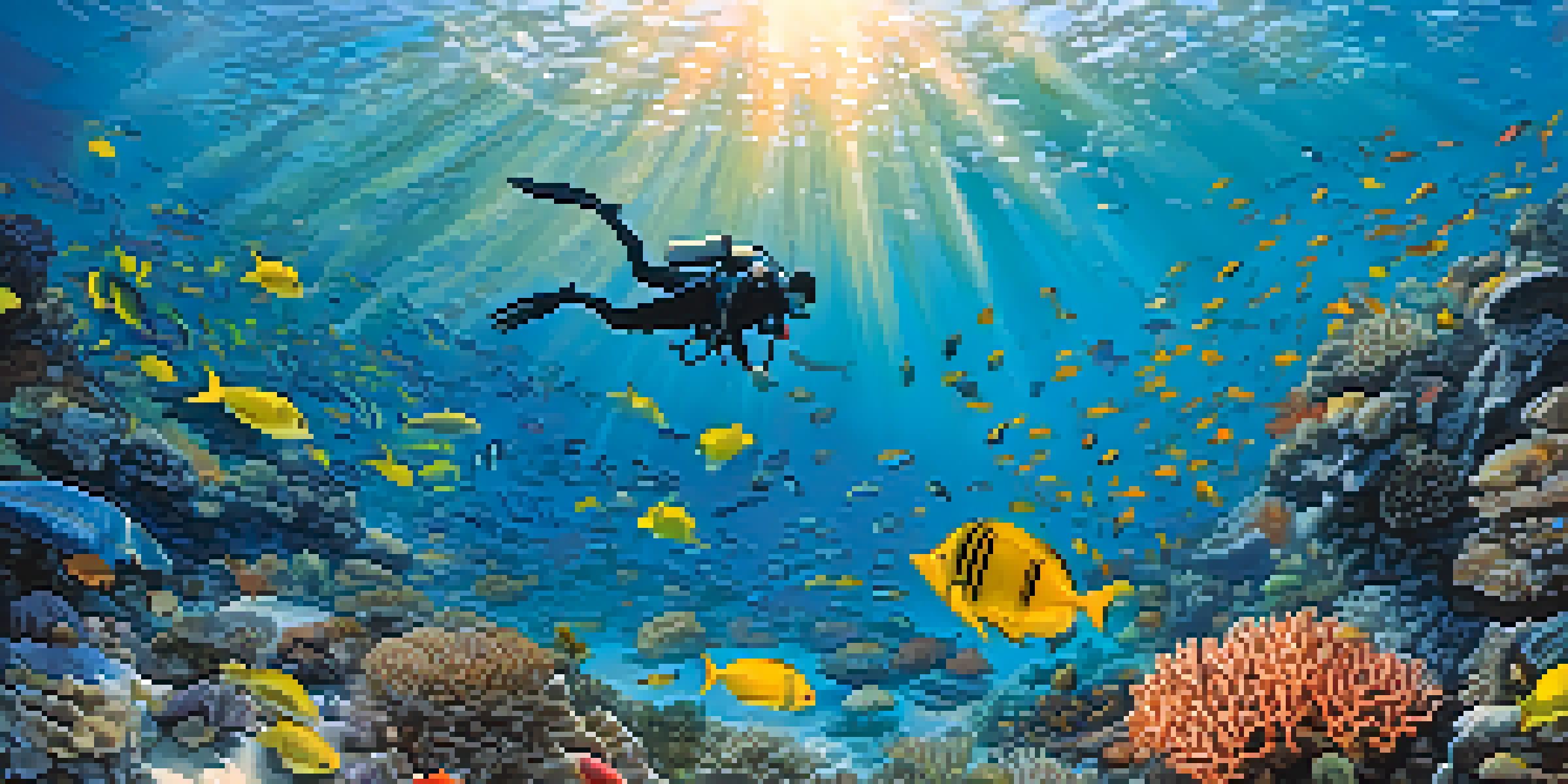 An underwater coral reef scene with colorful fish and a diver planting coral, illuminated by sunlight.