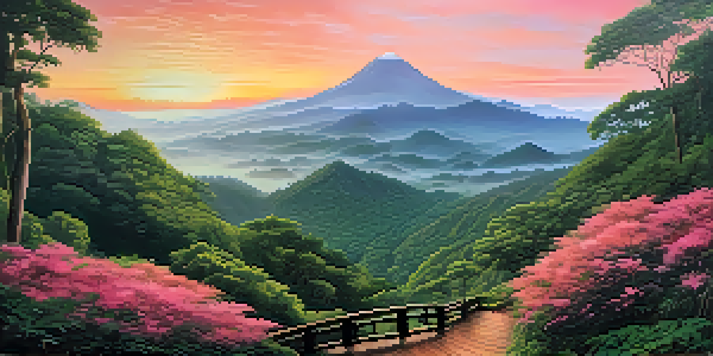 A scenic view of Doi Inthanon National Park during sunrise with lush forests and waterfalls.