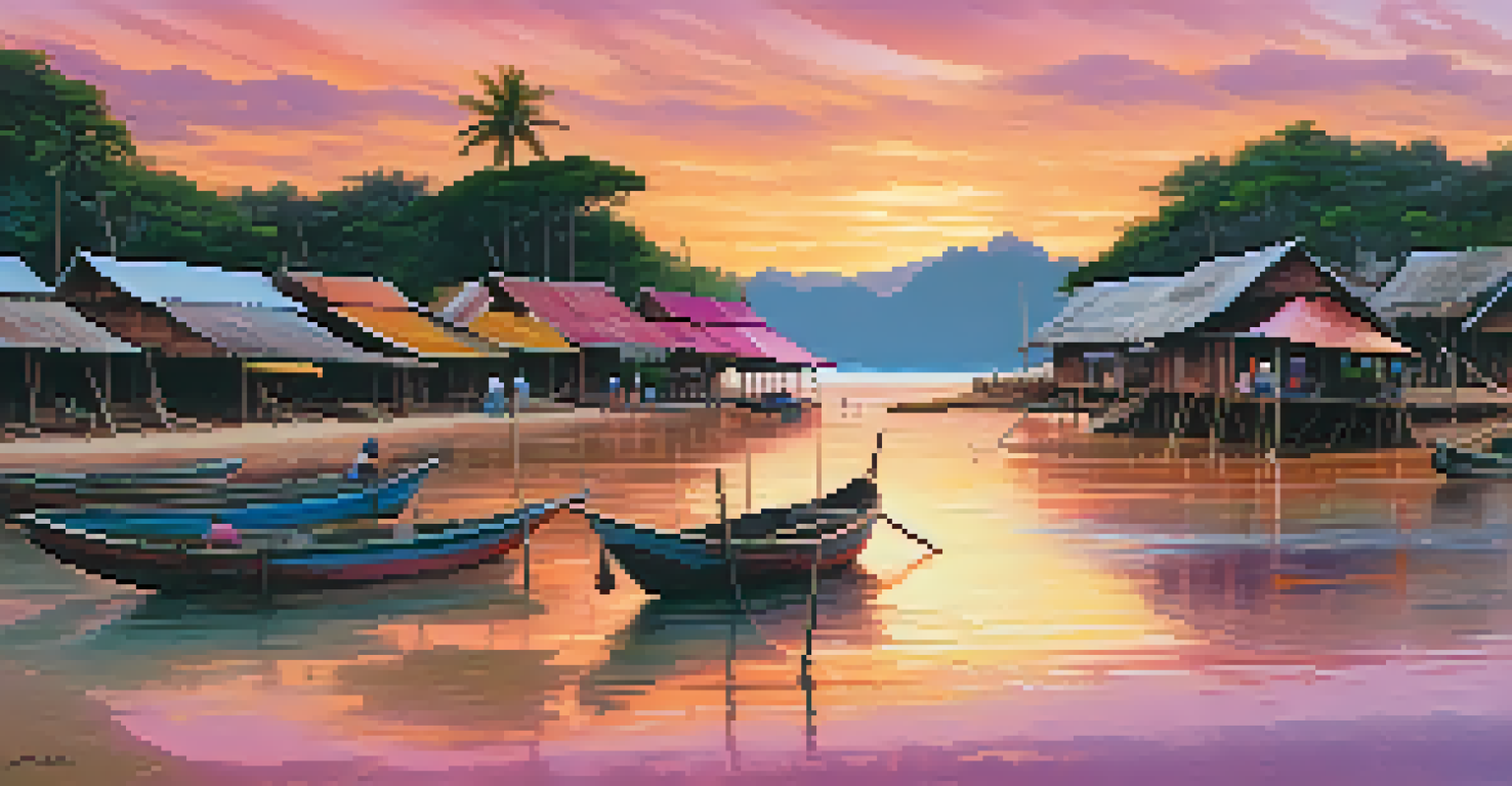 A picturesque fishing village at sunset, with wooden houses and colorful boats.