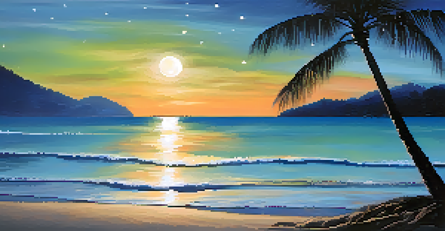 A peaceful beach in Phuket at night, with a starry sky and moonlight reflecting on the water.