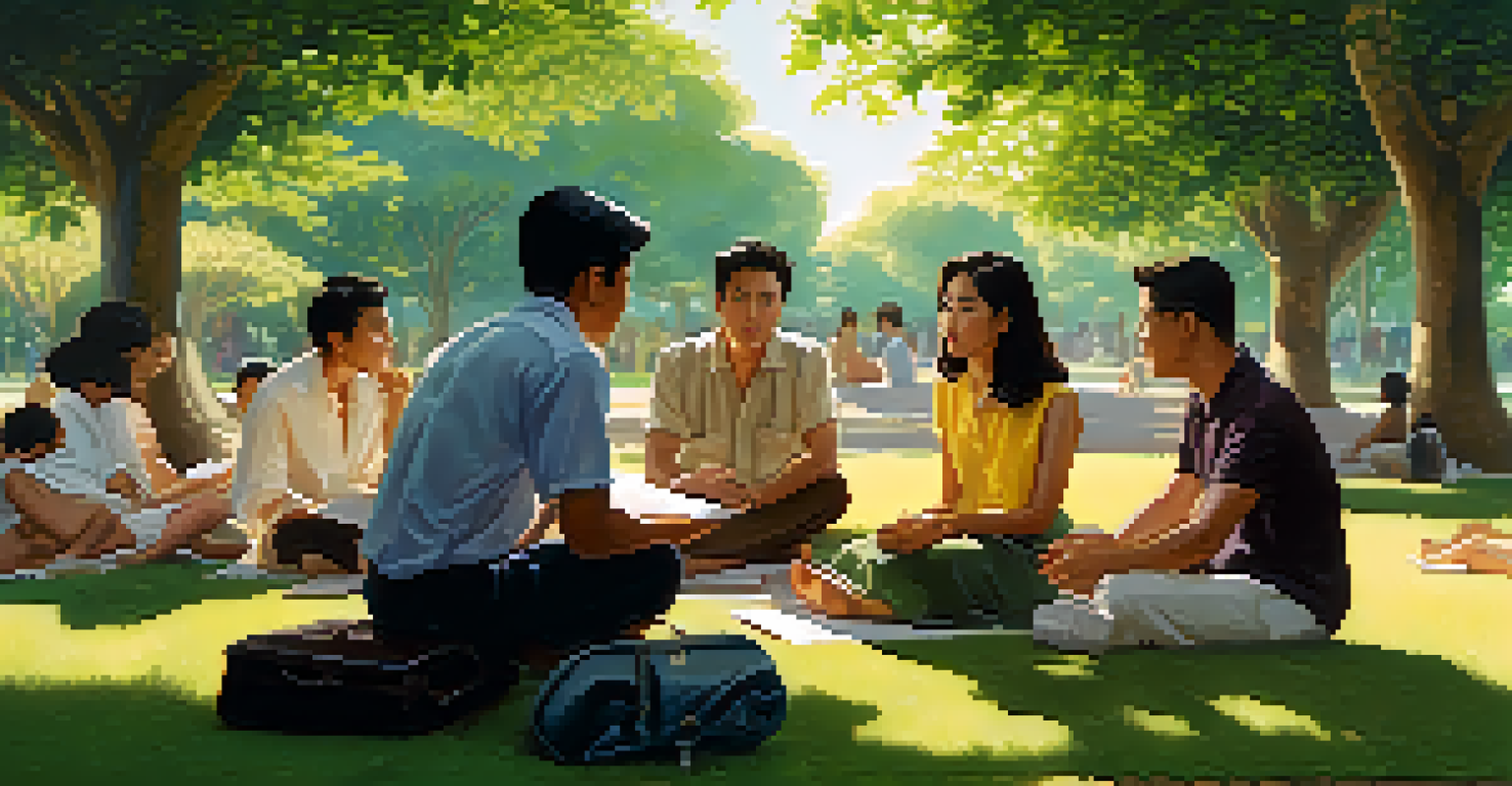 A diverse group of men and women discussing a film script in a sunny park, surrounded by greenery.