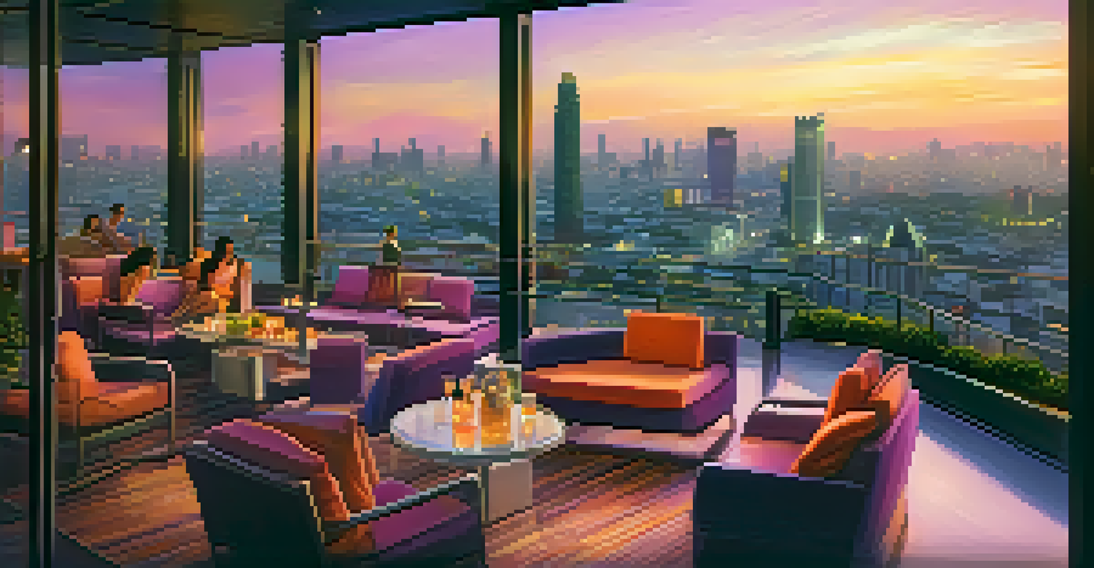 A rooftop bar in Bangkok at sunset, showcasing a panoramic view of the city skyline and patrons enjoying drinks against a colorful sky.