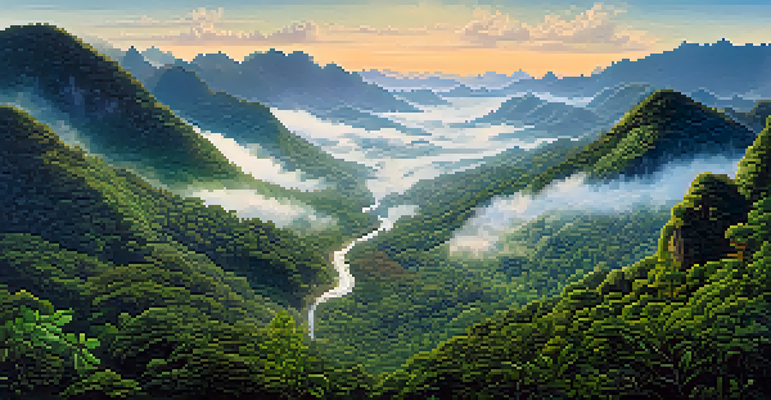 Aerial view of Doi Inthanon National Park in Thailand, featuring forests, waterfalls, and mountains with mist in the morning light, highlighting its biodiversity.