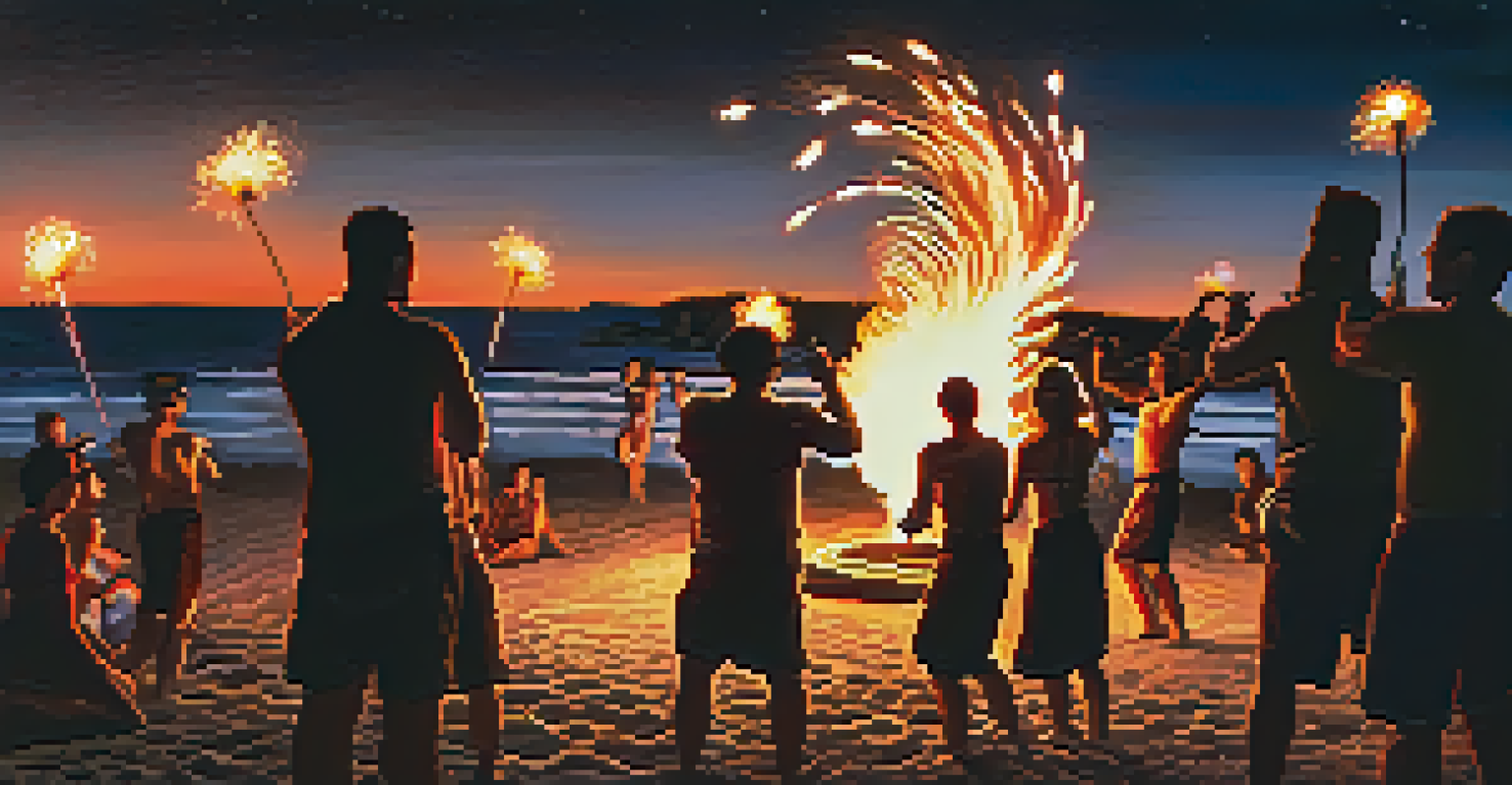 A captivating fire show at a beach party, with fire dancers performing against a night sky and spectators watching.