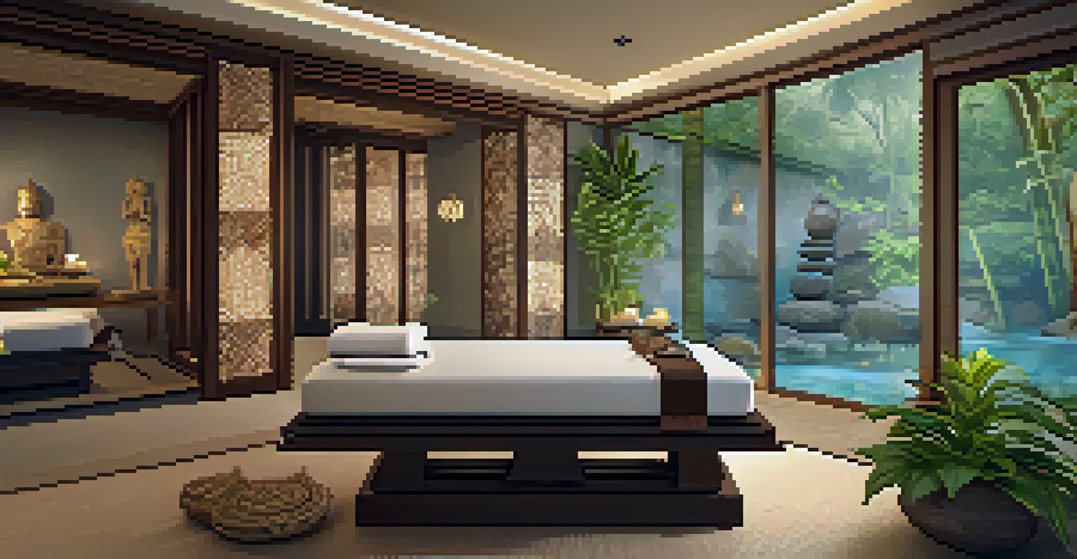 A wellness retreat room decorated for Thai massage, featuring calming colors, Thai decor, and warm lighting for a tranquil atmosphere.