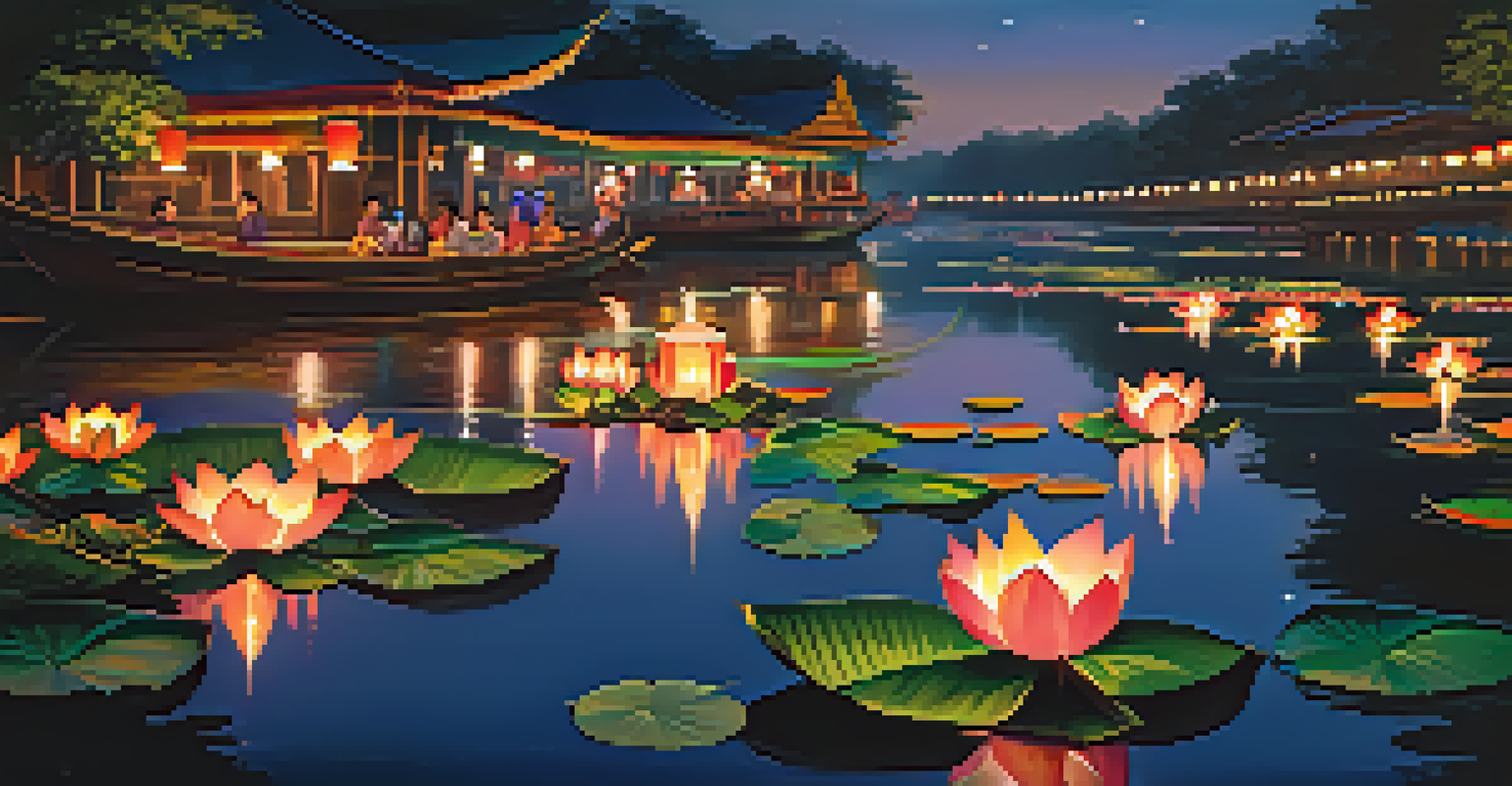 A tranquil river adorned with glowing lotus-shaped rafts and colorful lanterns in the night sky during the Loi Krathong festival.