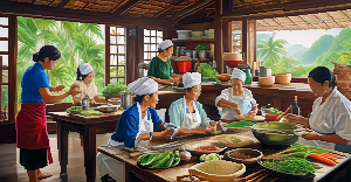 Travelers happily engaged in a Thai cooking class, surrounded by fresh vegetables and a local chef in a rustic kitchen.