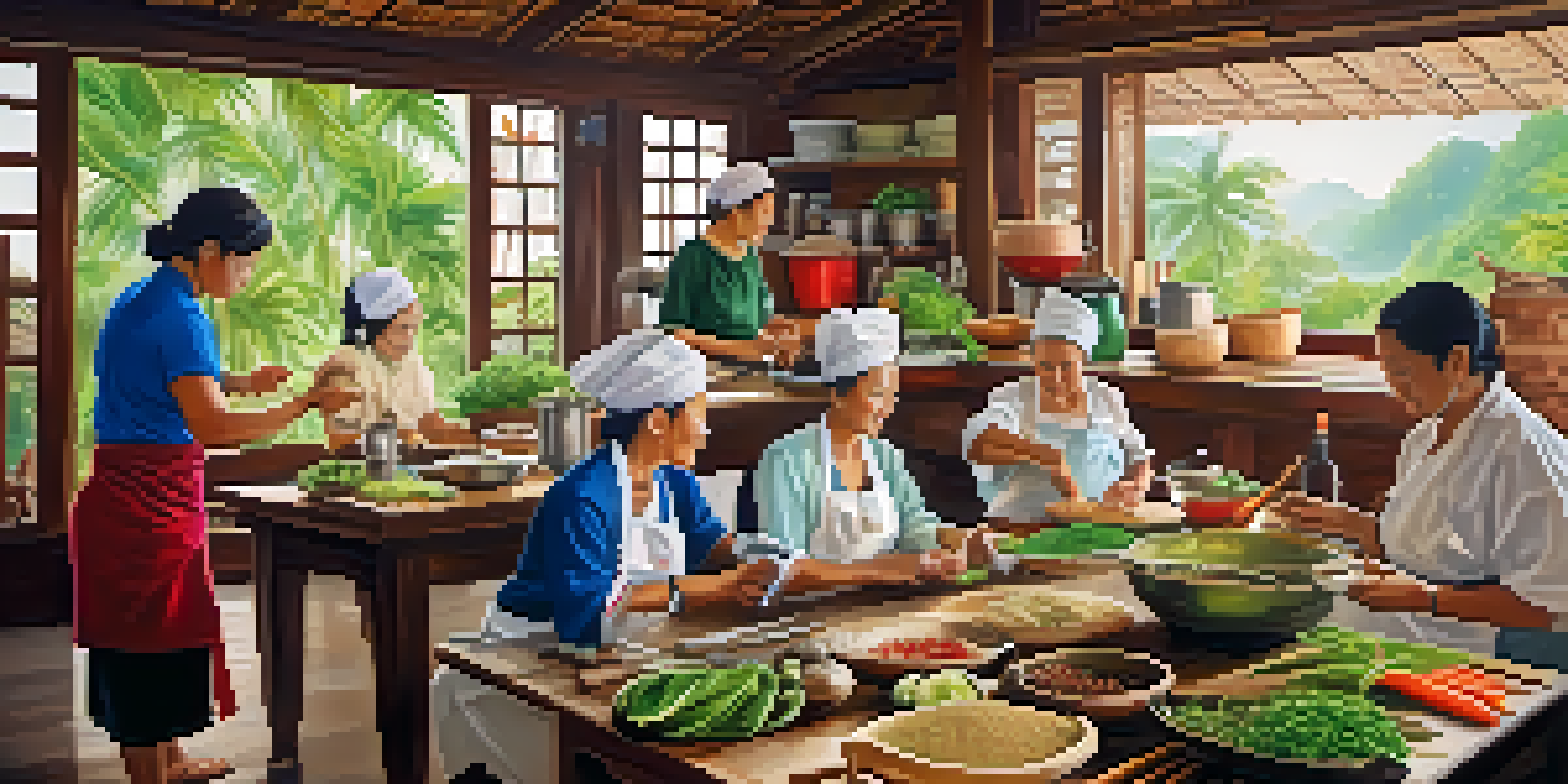 Travelers happily engaged in a Thai cooking class, surrounded by fresh vegetables and a local chef in a rustic kitchen.