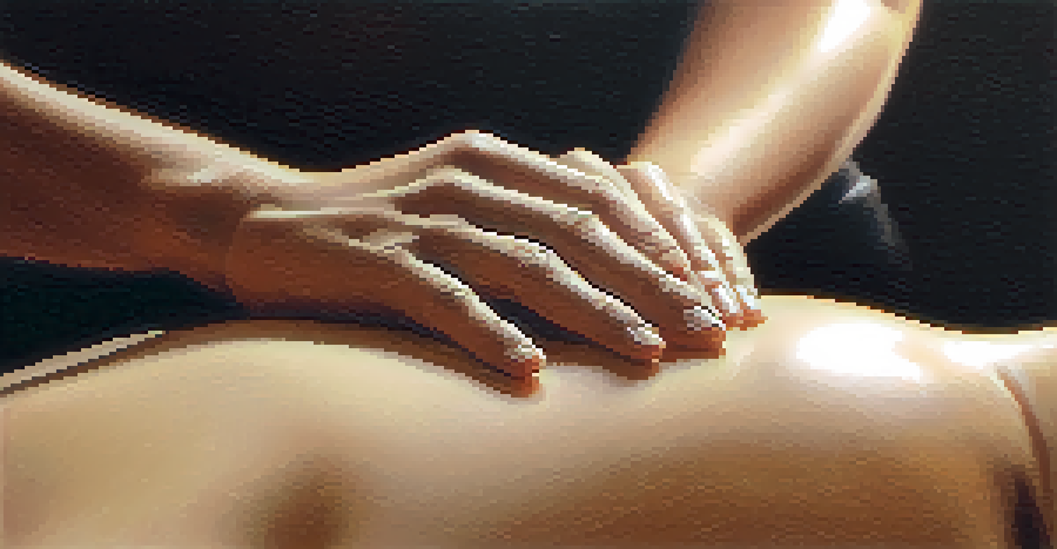 Close-up of hands performing acupressure on a client's back, highlighting skin texture and a calming ambiance.