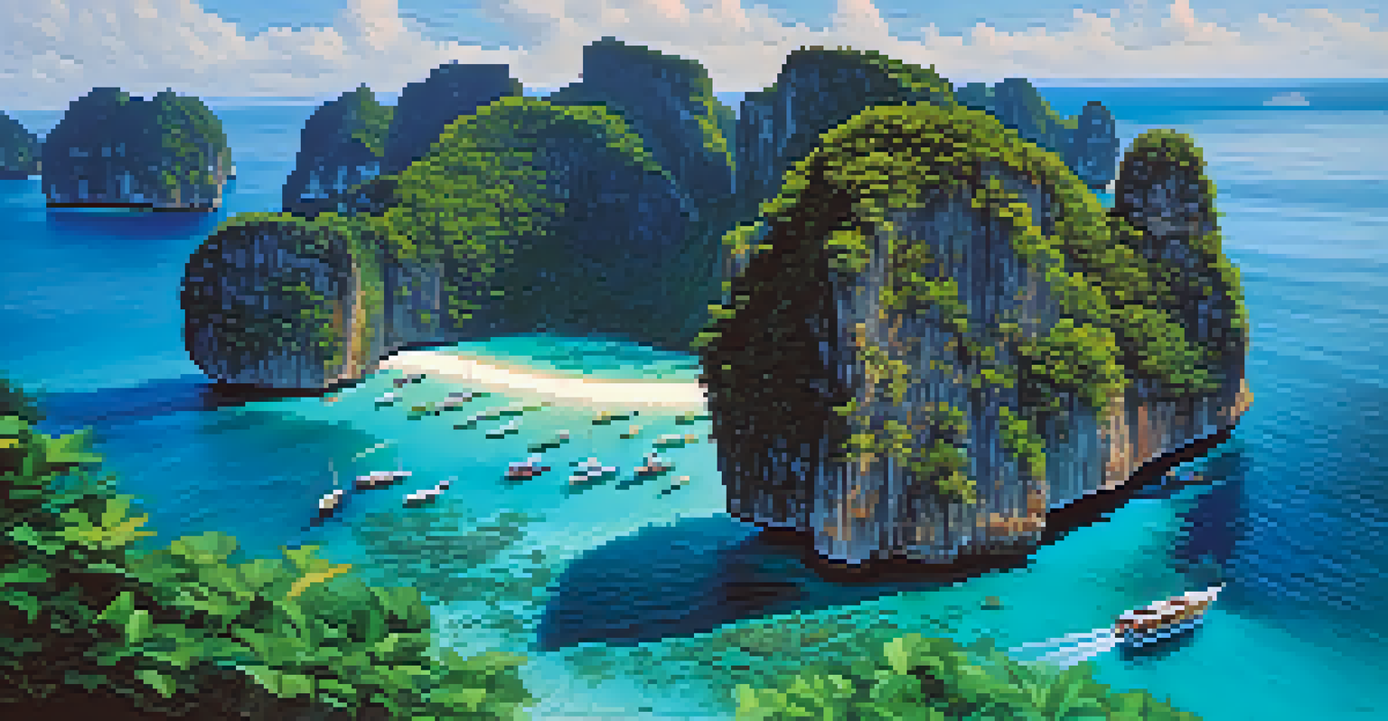 Aerial view of the Phi Phi Islands showing limestone cliffs and clear turquoise water with a boat navigating through.