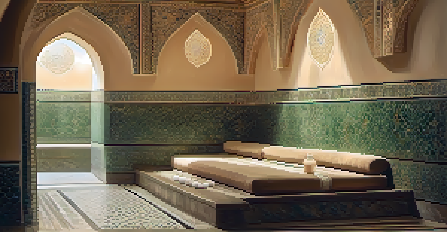 A traditional hammam room with warm steam, marble benches, and a person relaxing in a soothing ambiance filled with eucalyptus scents.