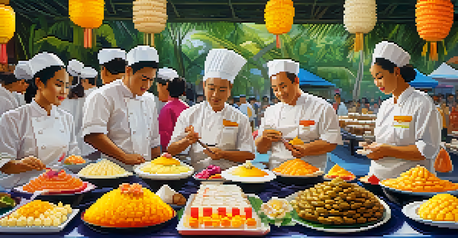 A colorful display of traditional Thai desserts at a festival, showcasing various sweets beautifully arranged on plates.