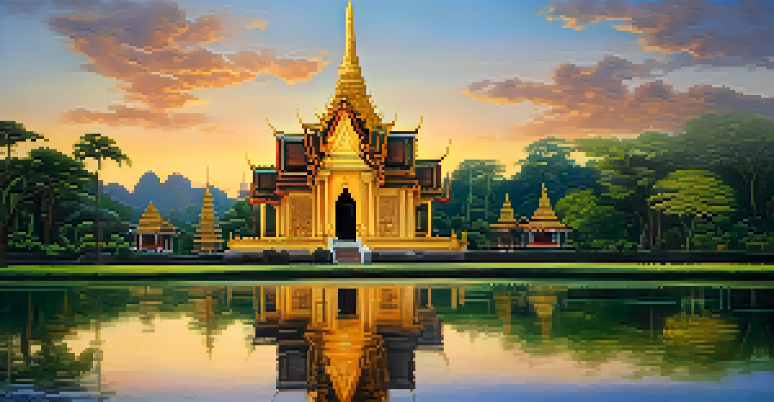 A tranquil Thai temple at sunset, with reflections in the water and a colorful sky.